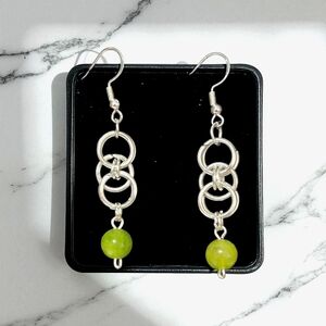 Handcrafted Stainless Steel and Jade Bead Chainmaille Drop Earrings